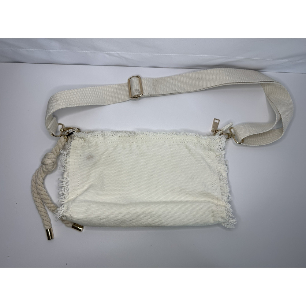 BC Fringe Clutch Crossbody Tote Bag Ivory Canvas Rope Handle Adjustable Strap